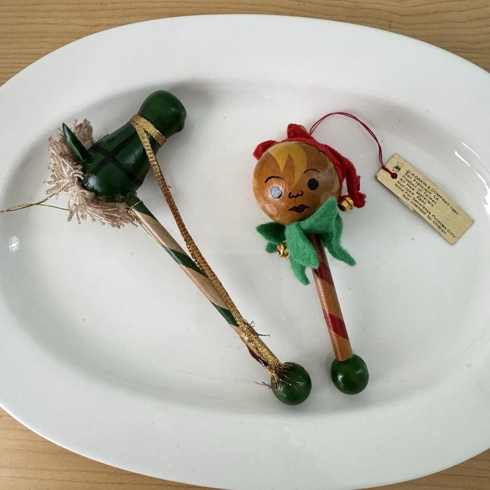 Vintage 1980s‎ Dakin Wood Jester Toy Bell Hat Stick Horse Christmas Ornament Lot
